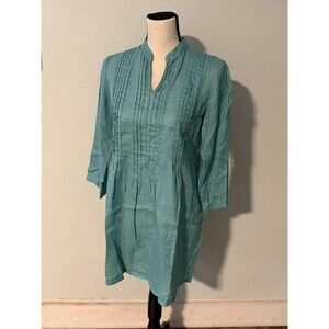 J. Jill Women's Teal Blue Green 100% Linen Dress Size XS Long sleeve Tunic Shirt